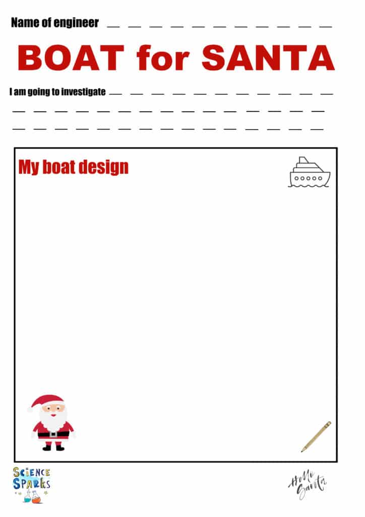 Boat for Santa STEM challenge design and results sheet