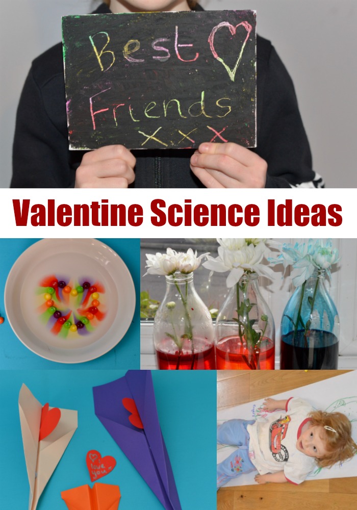 Collage of simple science experiments and investigations for kids about Valentine's Day.