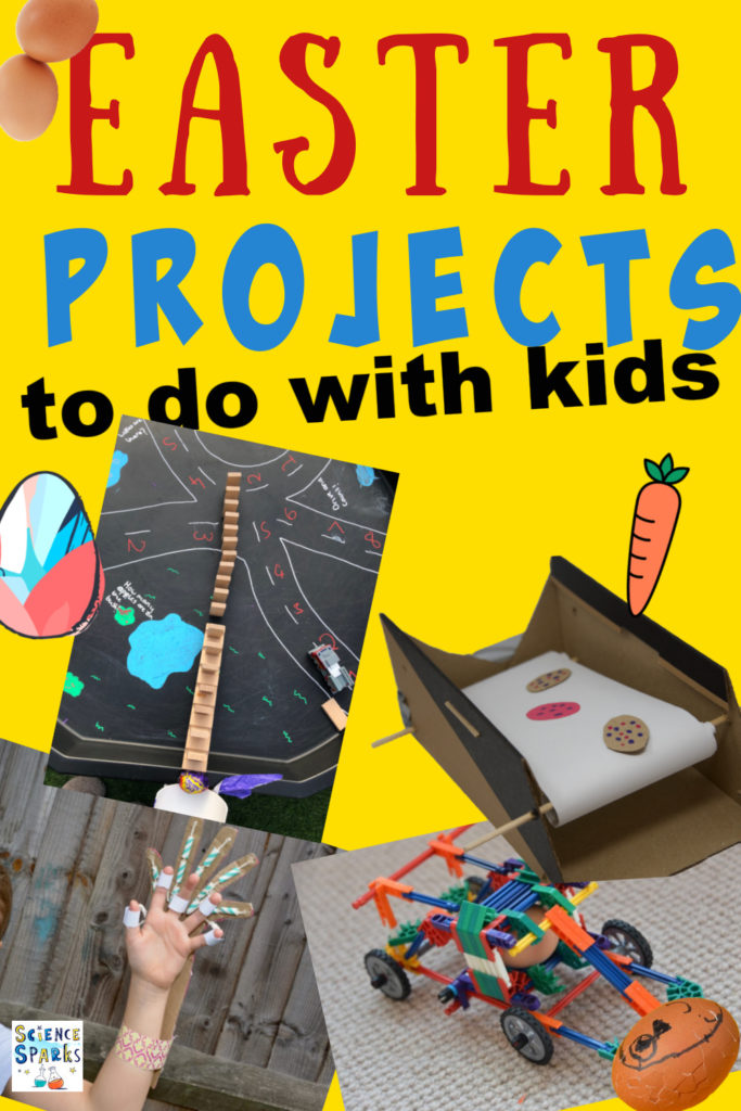 Collection of easy Easter STEM projects to do with kids. A car to protect an egg in a collision, an egg that opens to reveal a chick, a parachute for an egg and a homemade mini conveyer belt