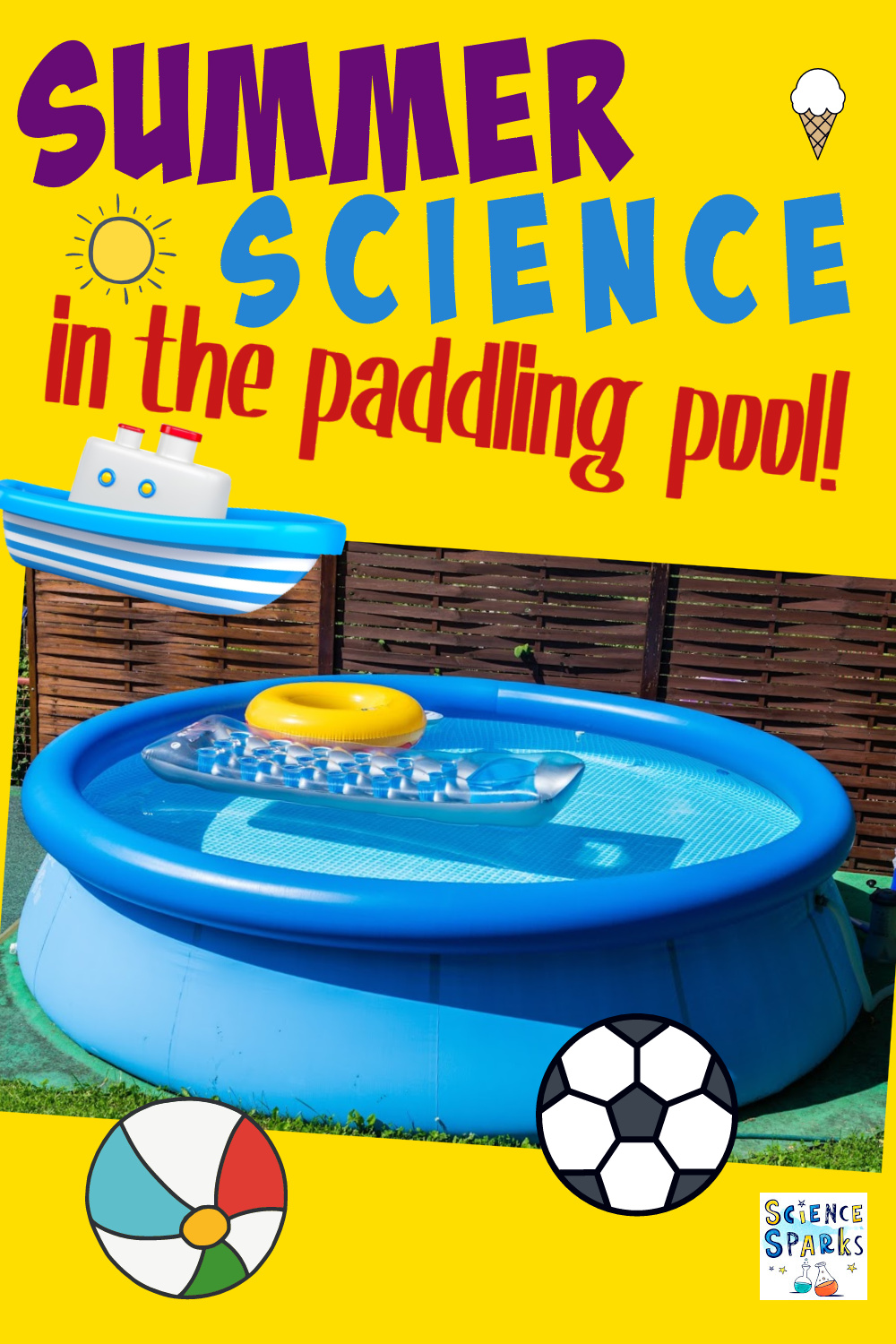 Image of a paddling pool, balls and a boat for summer science in the garden