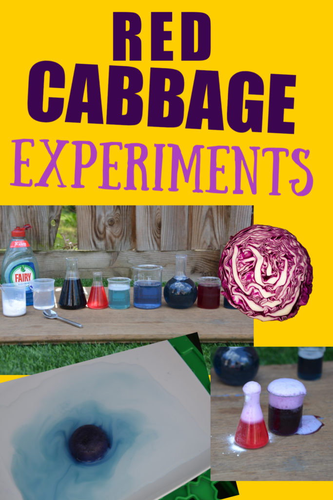 Collage of different red cabbage indicator potions, different colours, fizzy ones and even red cabbage ice cubes