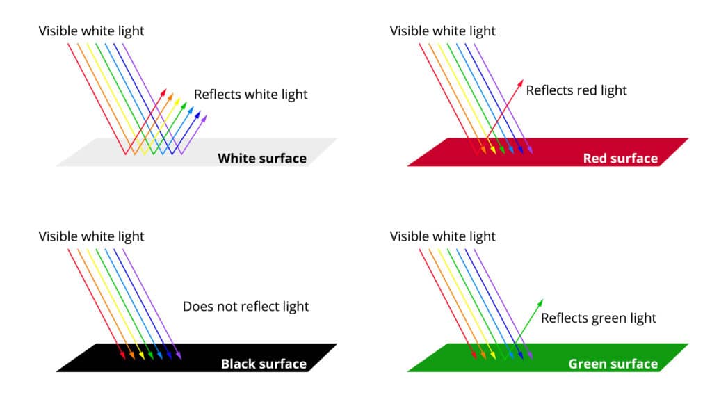 Diagram showing why we see colors as they are. Visible white light is divided into 7 colors.