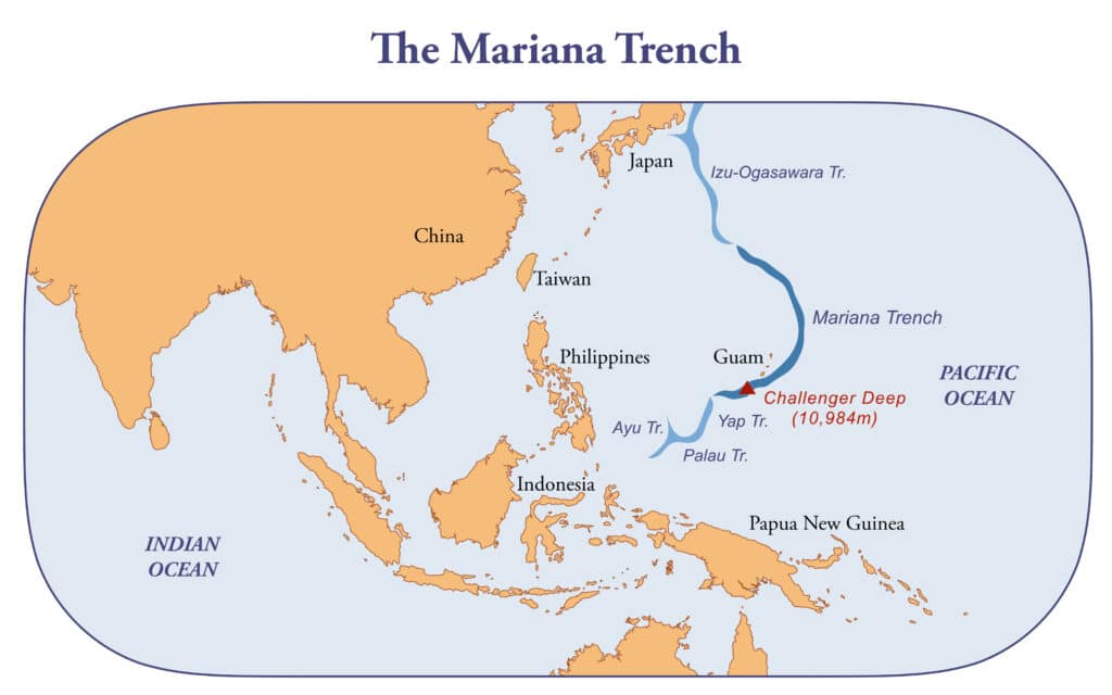 World map showing the location of the Mariana Trench