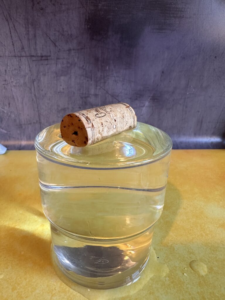 cork floating in the centre of a glass that is full of water