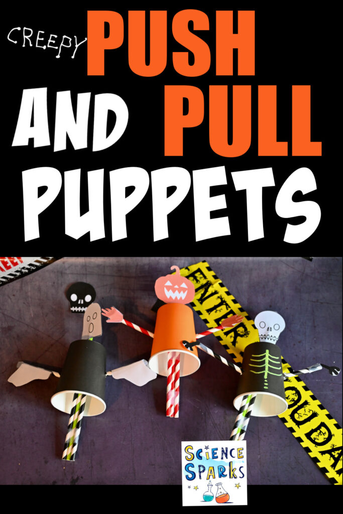 Pumpkin, ghost and skeleton push and pull puppets for Halloween