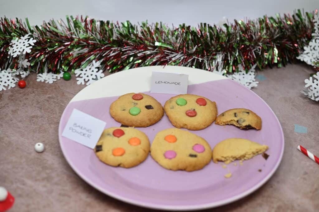 6 cookies on a plate as part of a festive baking science experiment