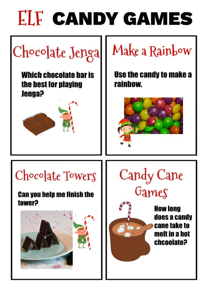 4 candy elf game challenge cards.