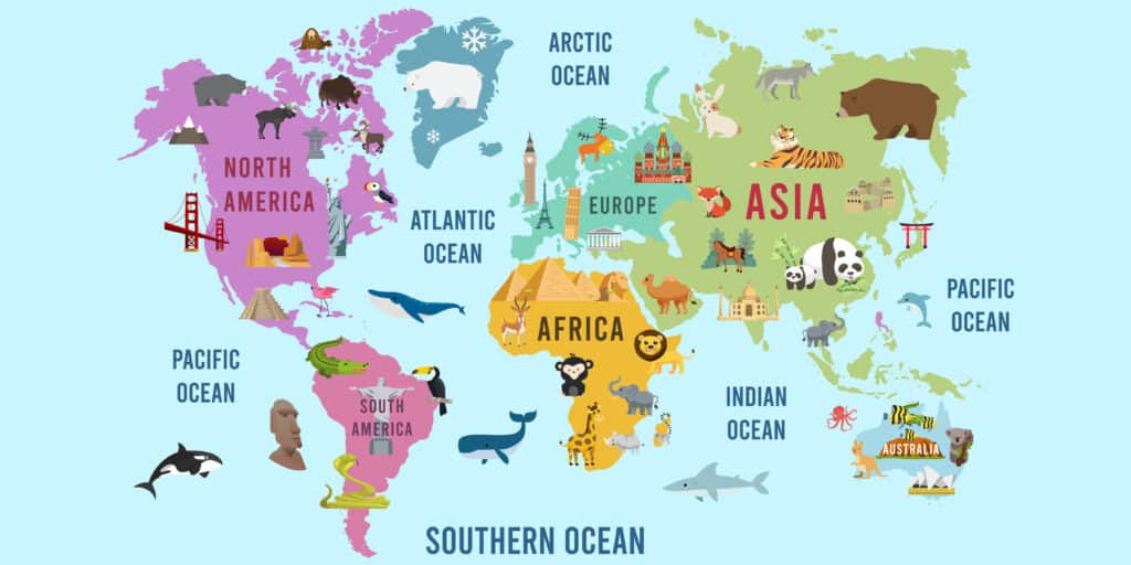 Map of the world showing the oceans